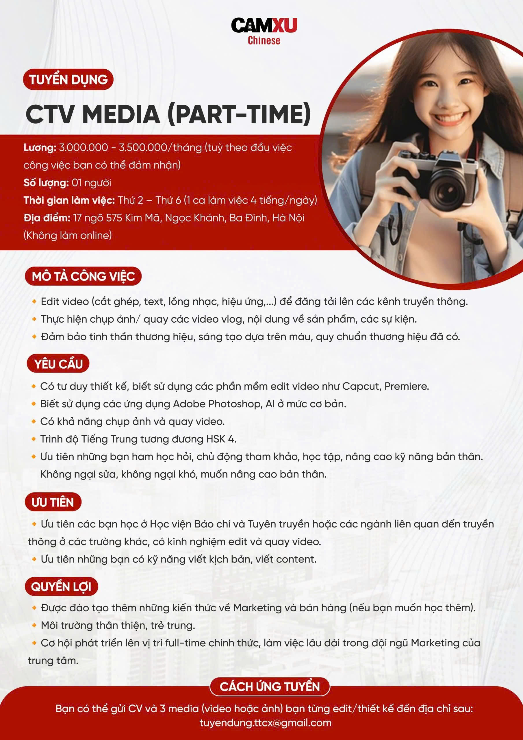 Tiếng Trung Cầm Xu tuyển dụng vị trí CTV Media