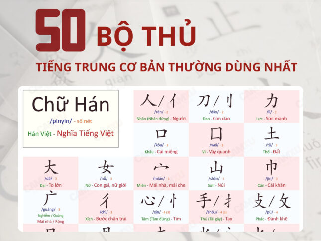 50 bộ thủ Tiếng Trung cơ bản thường dùng nhất