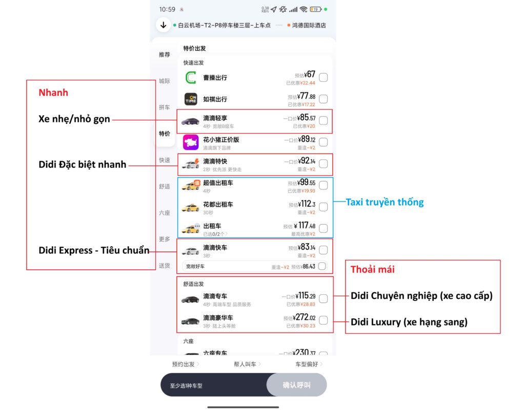 Các loại xe thuộc dịch vụ nhanh và cao cấp hơn của DiDi