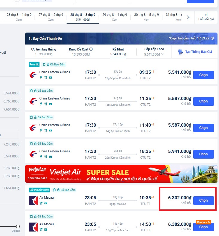 Chọn chuyến bay chiều đi có thời gian và chi phí phù hợp