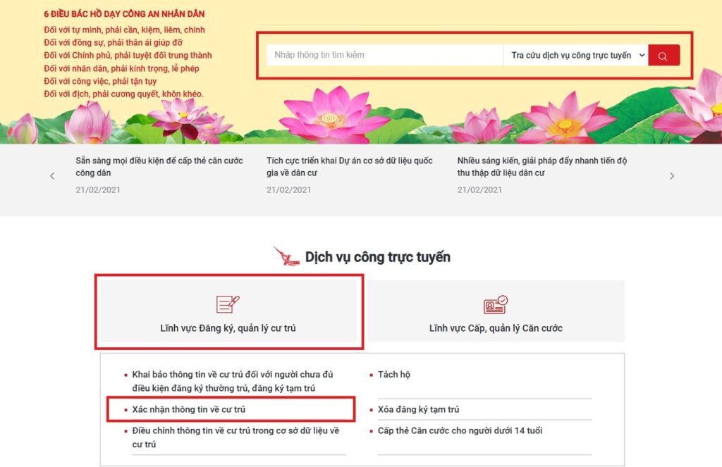 Chọn thủ tục Xác nhận thông tin về cư trú