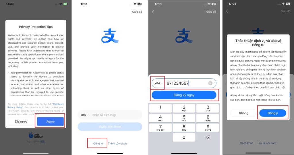 Đăng ký tài khoản Alipay bằng số điện thoại