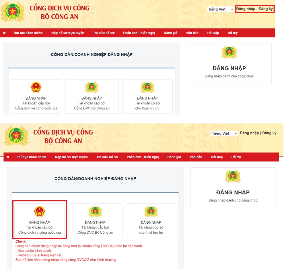Đăng nhập tài khoản được cấp bởi Cổng dịch vụ công quốc gia