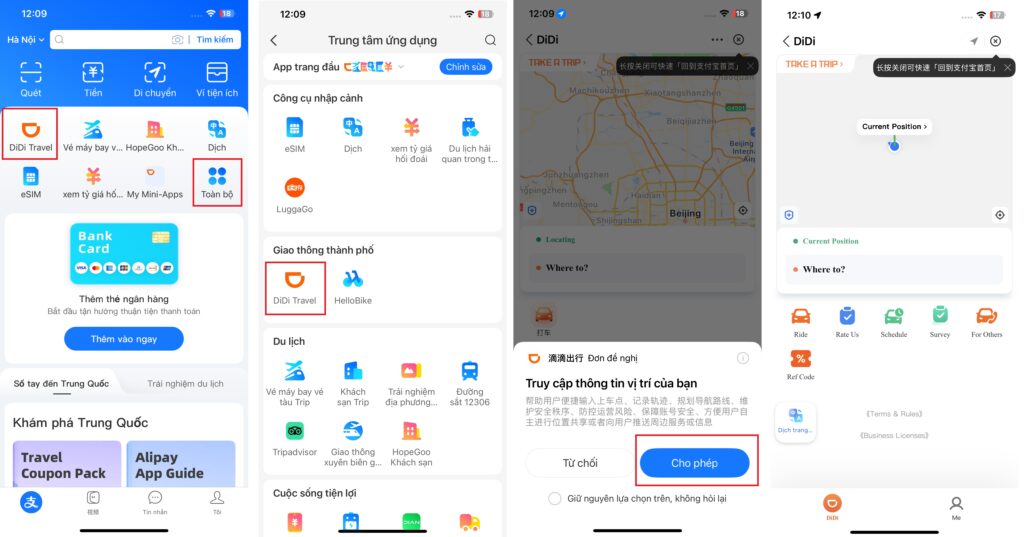 Đăng nhập vào DiDi trên Alipay bản Tiếng Việt