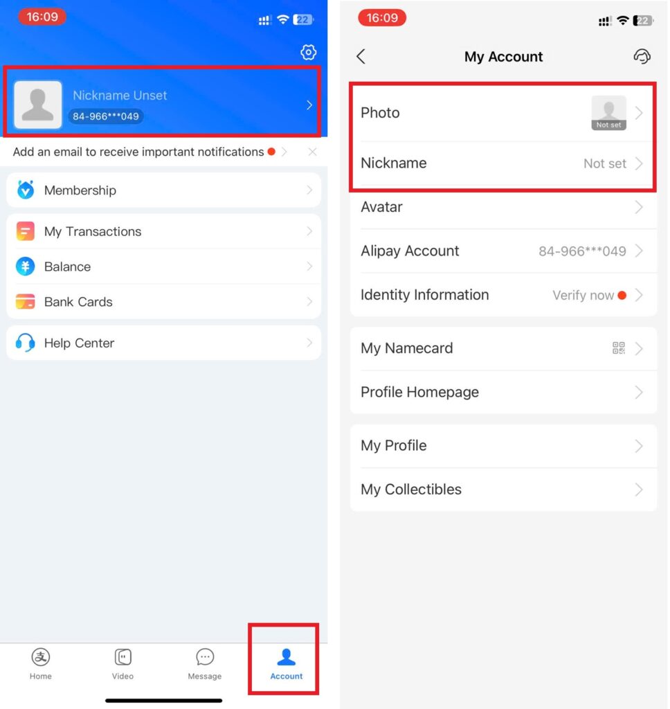 Điền thông tin cá nhân trên tài khoản Alipay