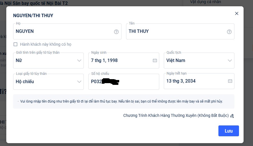 Điền thông tin hành khách