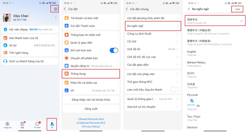 Đổi ngôn ngữ Alipay sang Tiếng Trung