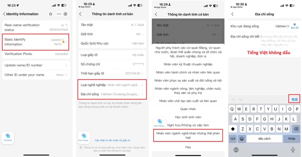 Hoàn thiện thông tin cơ bản của bạn trên Alipay
