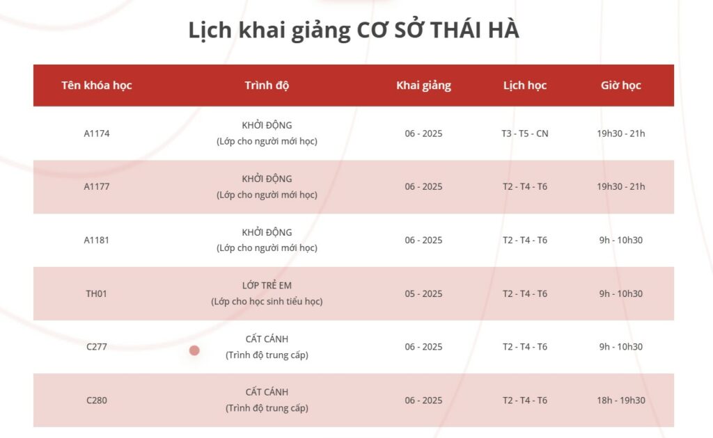 Lịch khai giảng lớp Tiếng Trung giao tiếp tháng 6-2025 tại Hà Nội (cơ sở Thái Hà)
