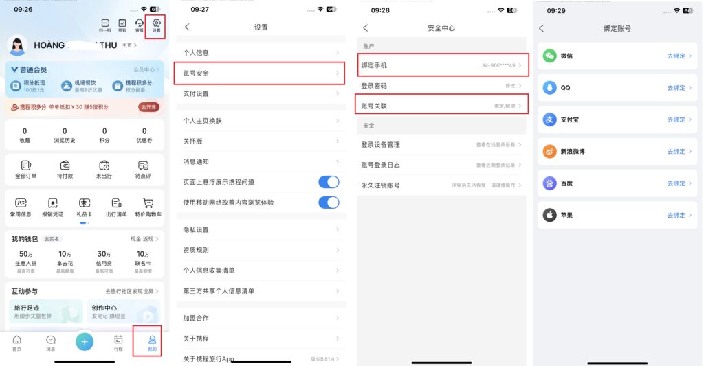 Liên kết tài khoản xã hội để bảo mật tài khoản Ctrip