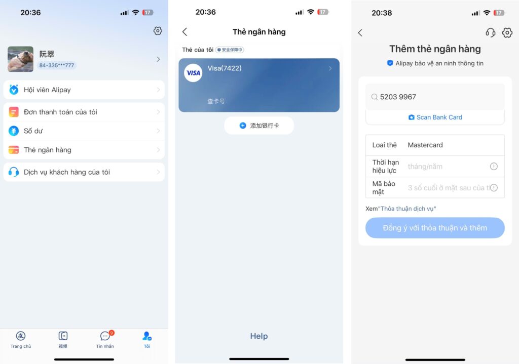 Liên kết thẻ ngân hàng trên Alipay