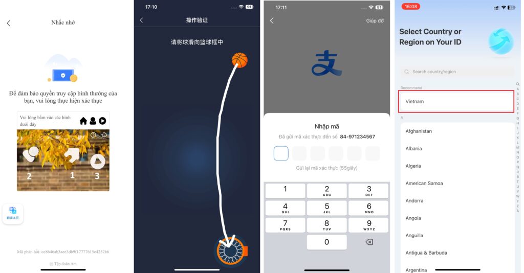 Nhập mã xác nhận để đăng ký Alipay