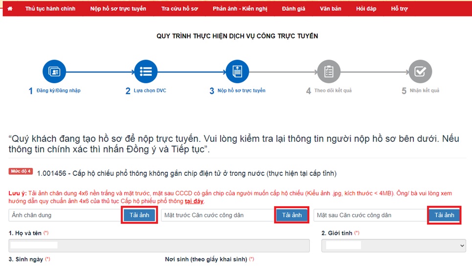 Tải ảnh và cập nhật thông tin tương ứng lên hồ sơ