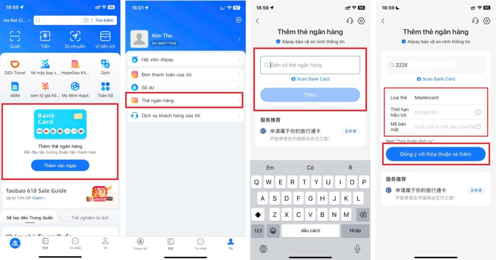 Thêm thẻ ngân hàng vào Alipay