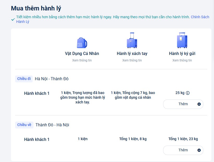 Thông tin chi tiết về hành lý