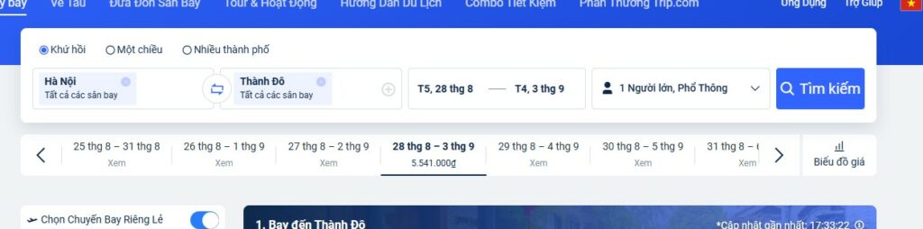 Vào Trip.com chọn nơi muốn và thời gian đi và về