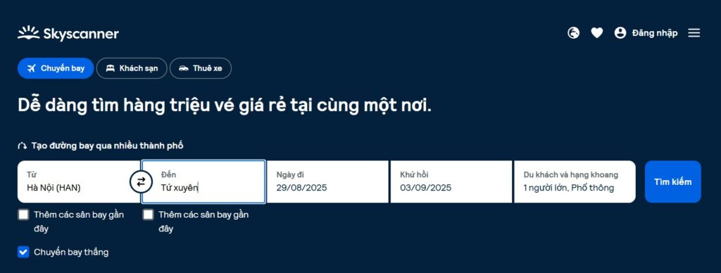 Vào trang chủ Skyscanner tìm vé máy bay giá rẻ