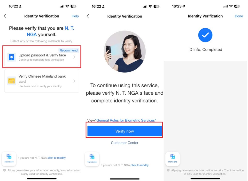 Xác minh sinh trắc học bằng khuôn mặt trên Alipay