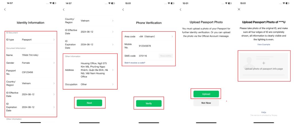 Điền thông tin hộ chiếu để xác minh danh tính Wechat Pay