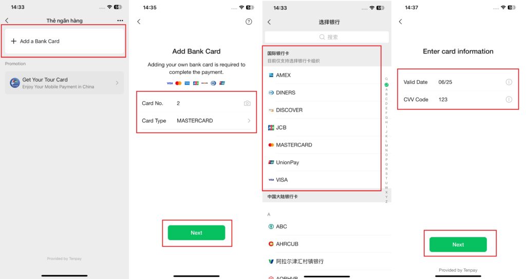 Điền thông tin thẻ thanh toán quốc tế để thêm vào Wechat