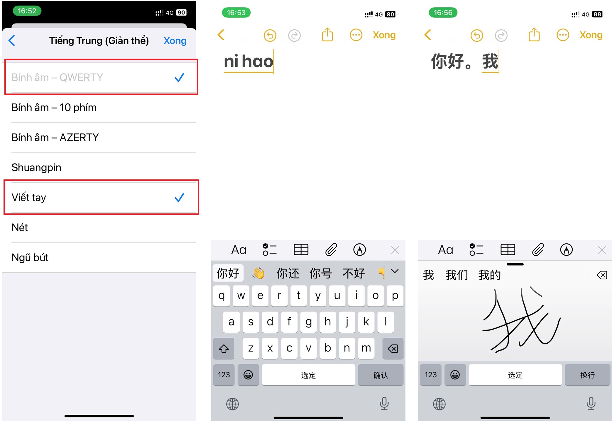 2 bố cục bàn phím bính âm và viết tay trên điện thoại iPhone