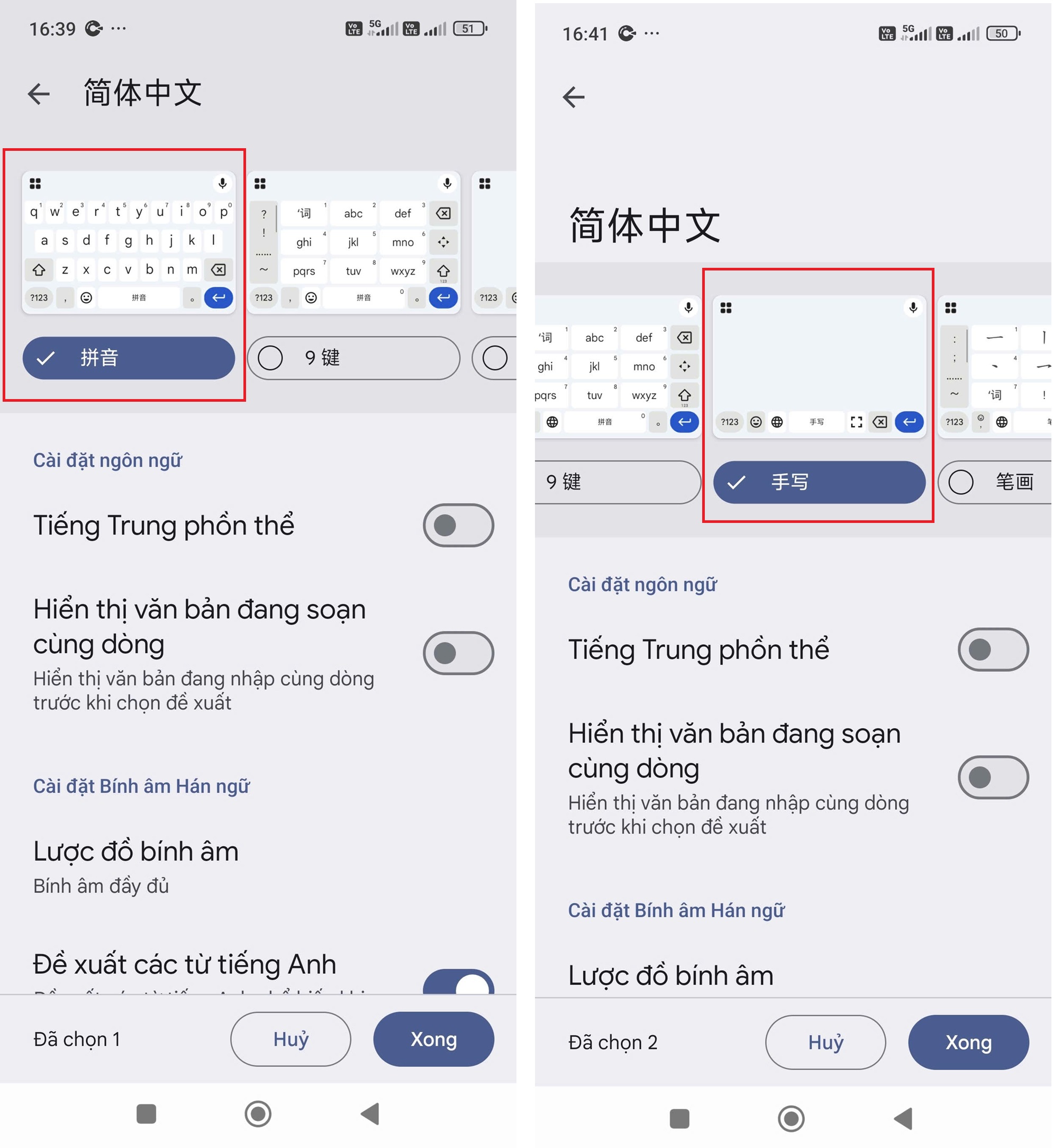 Lựa chọn bố cục bàn phím bính âm và viết tay trên điện thoại Android