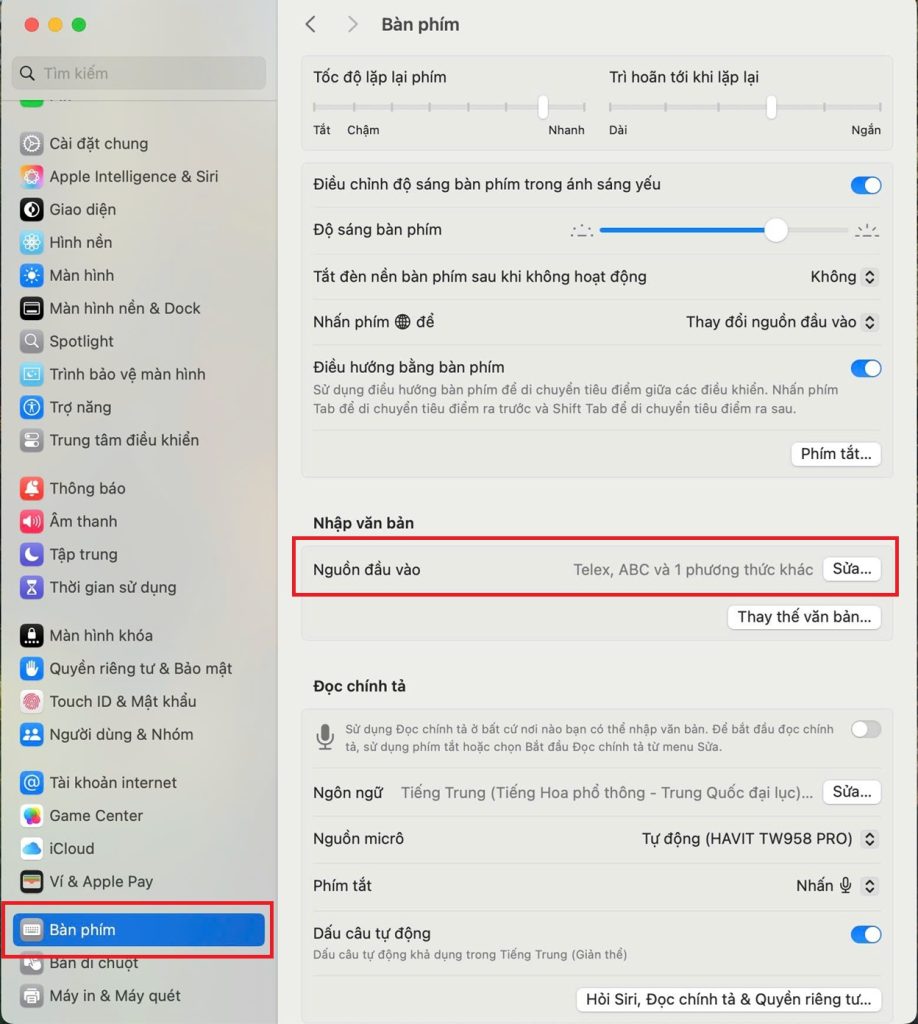 Chọn Bàn phím và Nguồn đầu vào trong phần cài đặt của máy tính Mac