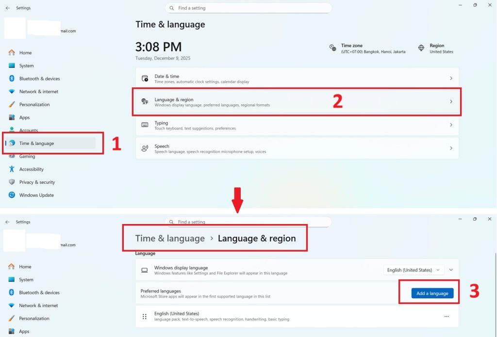 Vào phần Ngôn ngữ và Khu vực trong cài đặt máy tính Windows